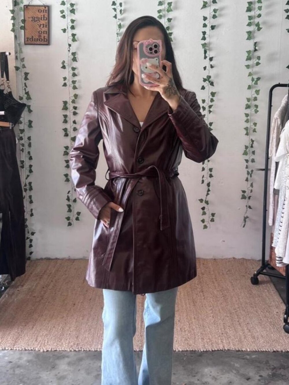 Burgundy red faux leather trench coat with tie waist size M